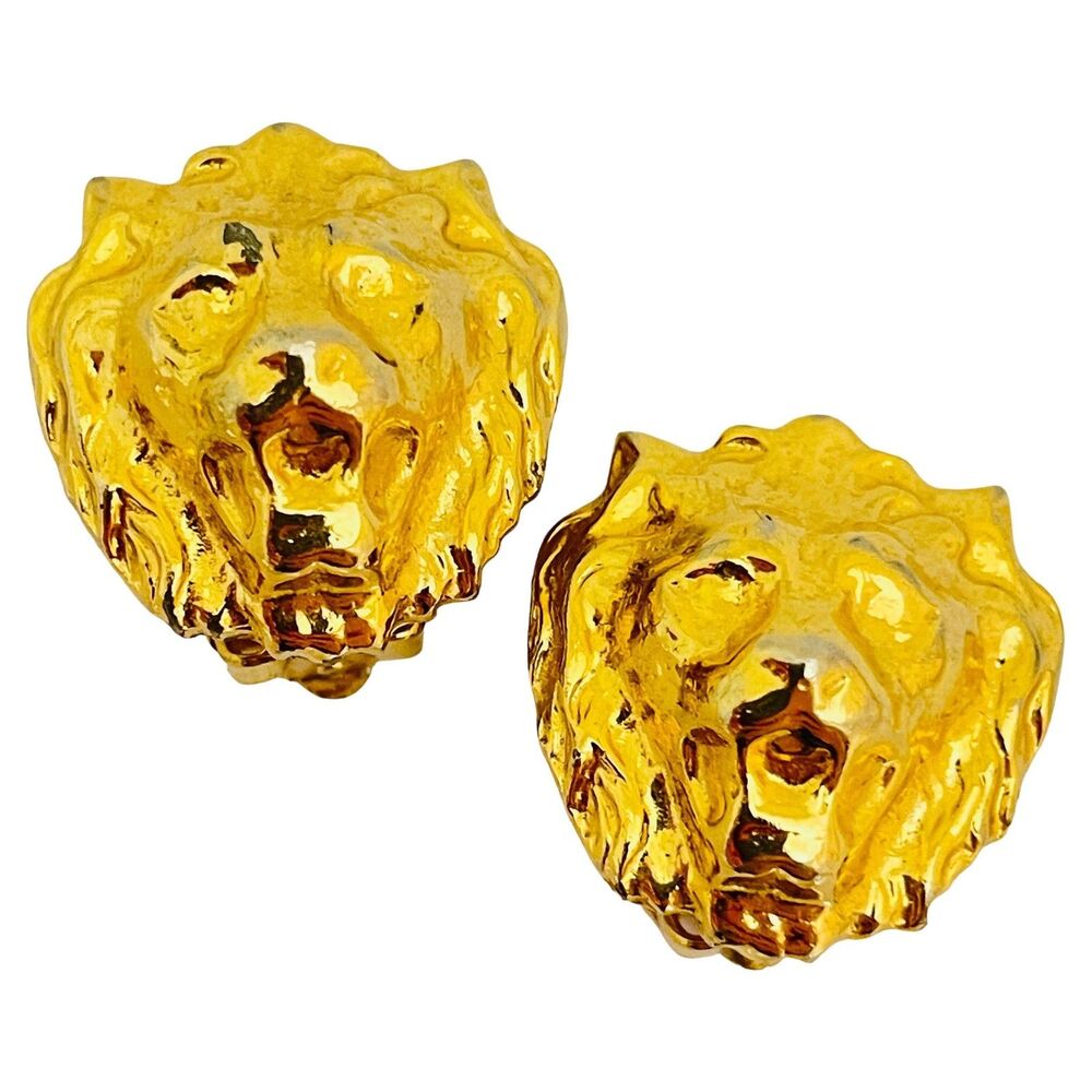Vintage lions head gold designer runway clip on earrings